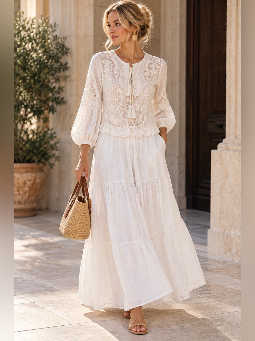 Zara White Embroidered Lace-Up Peasant Blouse